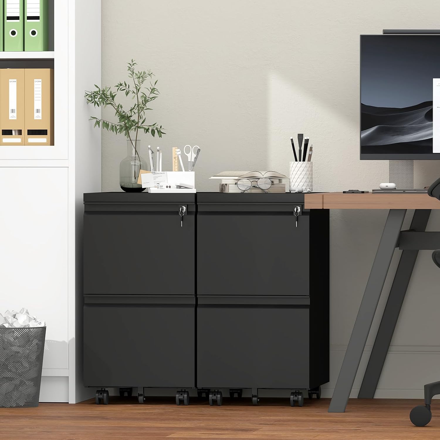 LUCYPAL 2 Drawer Metal File Cabinet with Wheels,Small Filing Cabinet for Legal/Letter Size,Under Desk Filing Cabinet with Lock Name Card Holder for Home Office, Assembly Required Black