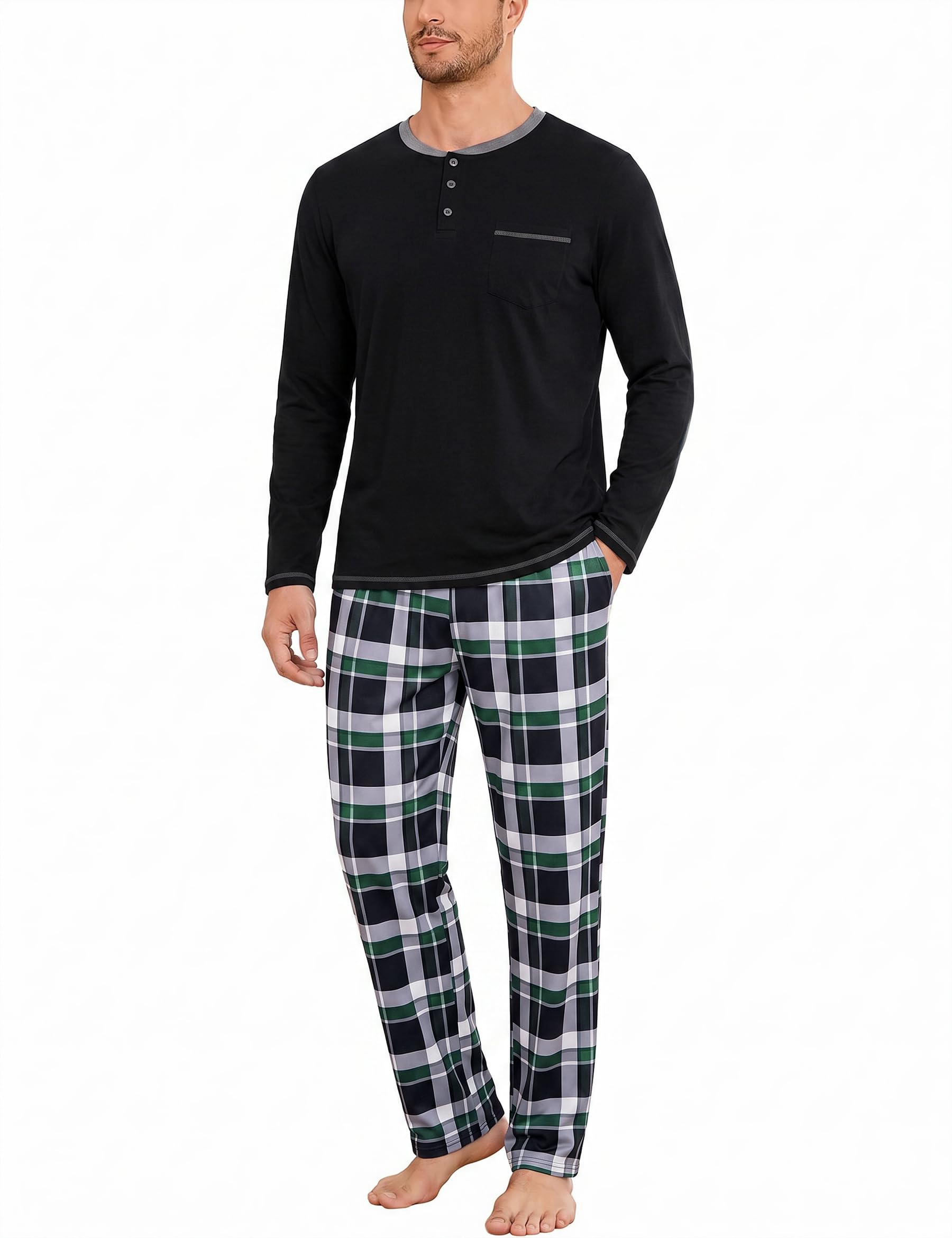 Uniexcosm Schlafanzug Herren Baumwolle Pyjama Herren Langarm Bequemer | Herren Schlafanzug mit Langarm-Oberteil, langer Hose und weichem Materialmix für Nachtwäsche und Zuhause