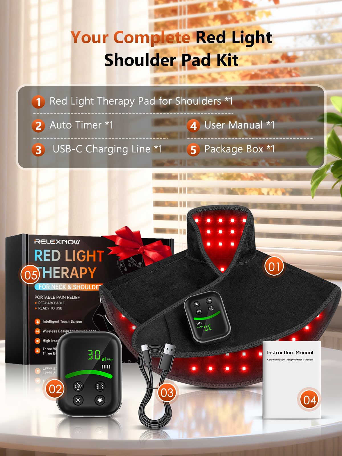RELEXNOW Terapia de luz roja cálida para masaje de hombros y cuello, batería de 5000 mAh, inalámbrica, almohadilla terapéutica infrarroja para el cuerpo, almohadilla térmica