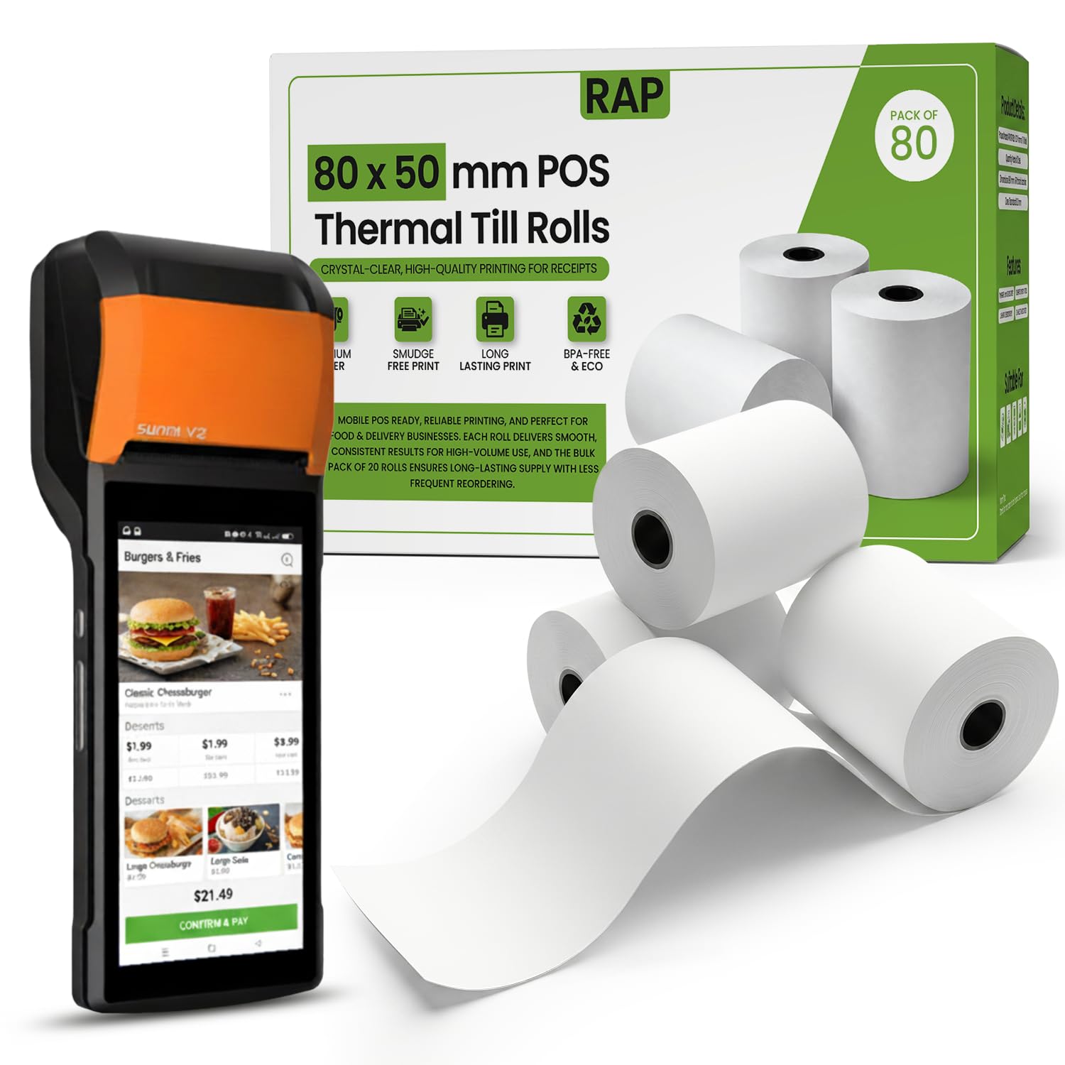 80x50mm Thermal Paper Rolls for Mobile POS Cash Receipt Printers, Thermal Roll of Pack of 80 Rolls for Credit Card POS Machines, Premium Quality BPA-Free Till Rolls Set Compatible with All Devices.