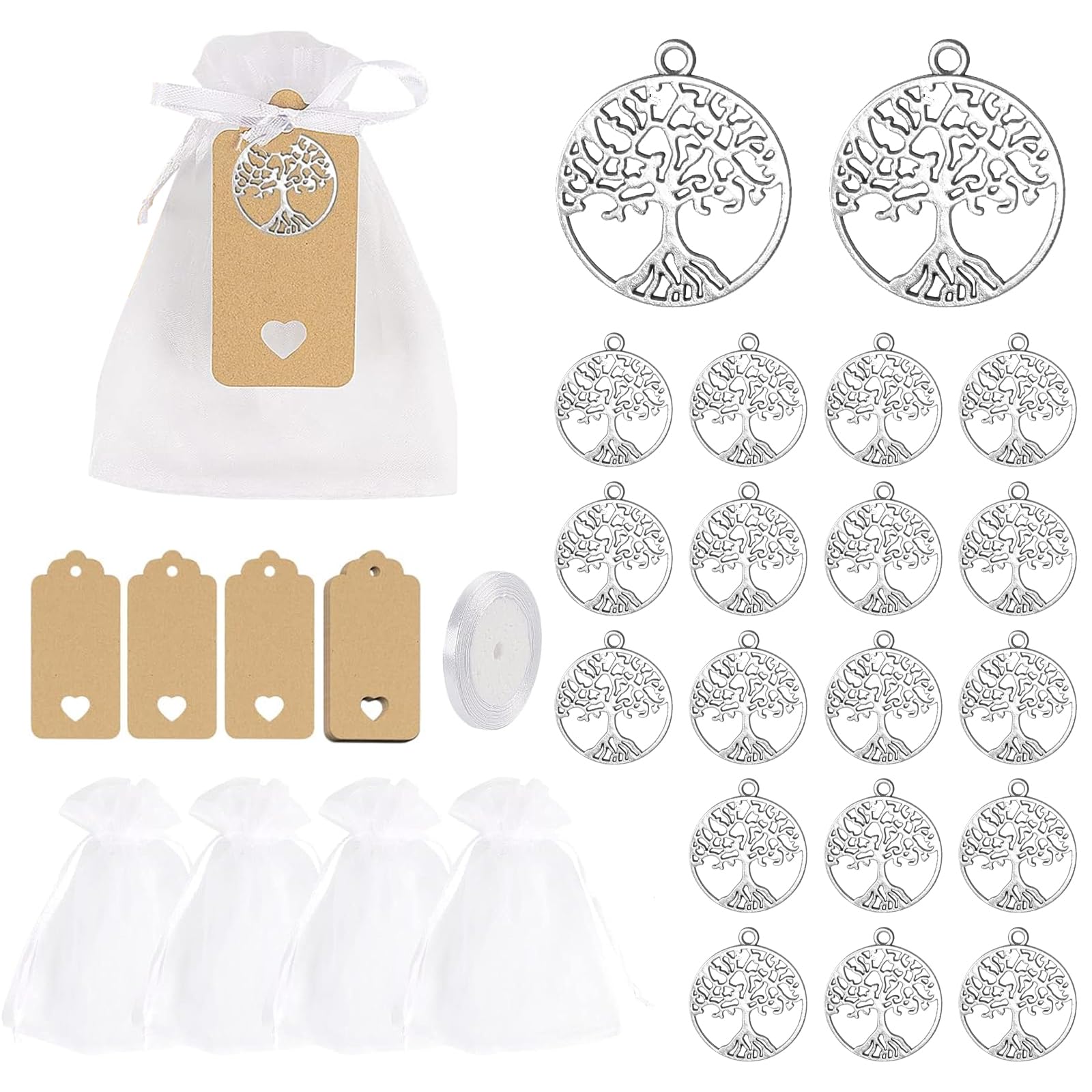 ChAusa 91 Piezas Regalos Bautizo, 30 Pcs Colgantes de Árbol de la Vida, 30 Pcs Bolsas de Organza Blanca, 30 Pcs Colgantes de Papel de Estraza y 1 Rollo de Cinta, para Boda, Bautismo, Comunion