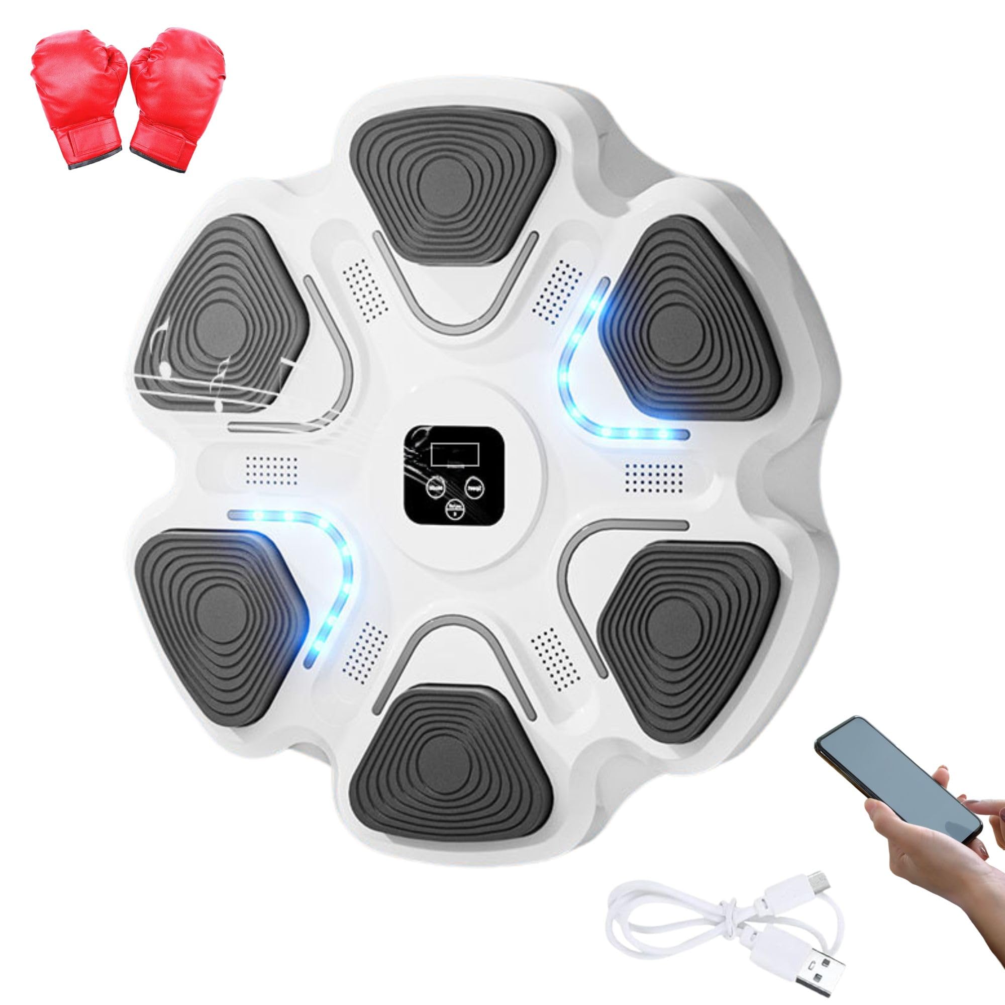 Máquina de Entrenamiento de Boxeo Musical. Equipo de Boxeo para Pared con LED, Guantes de Boxeo, Bluetooth y Luces al Ritmo de la Música. Maquina de Boxeo para Niños/Adultos. (9 modos, 37x37 cm)