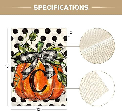 Miniatura 5 de AVOIN colorlife Bandera de jardín con monograma de otoño con letra C, diseño de calabaza, con diseño de lunares, 12 x 18 pulgadas, doble cara en el