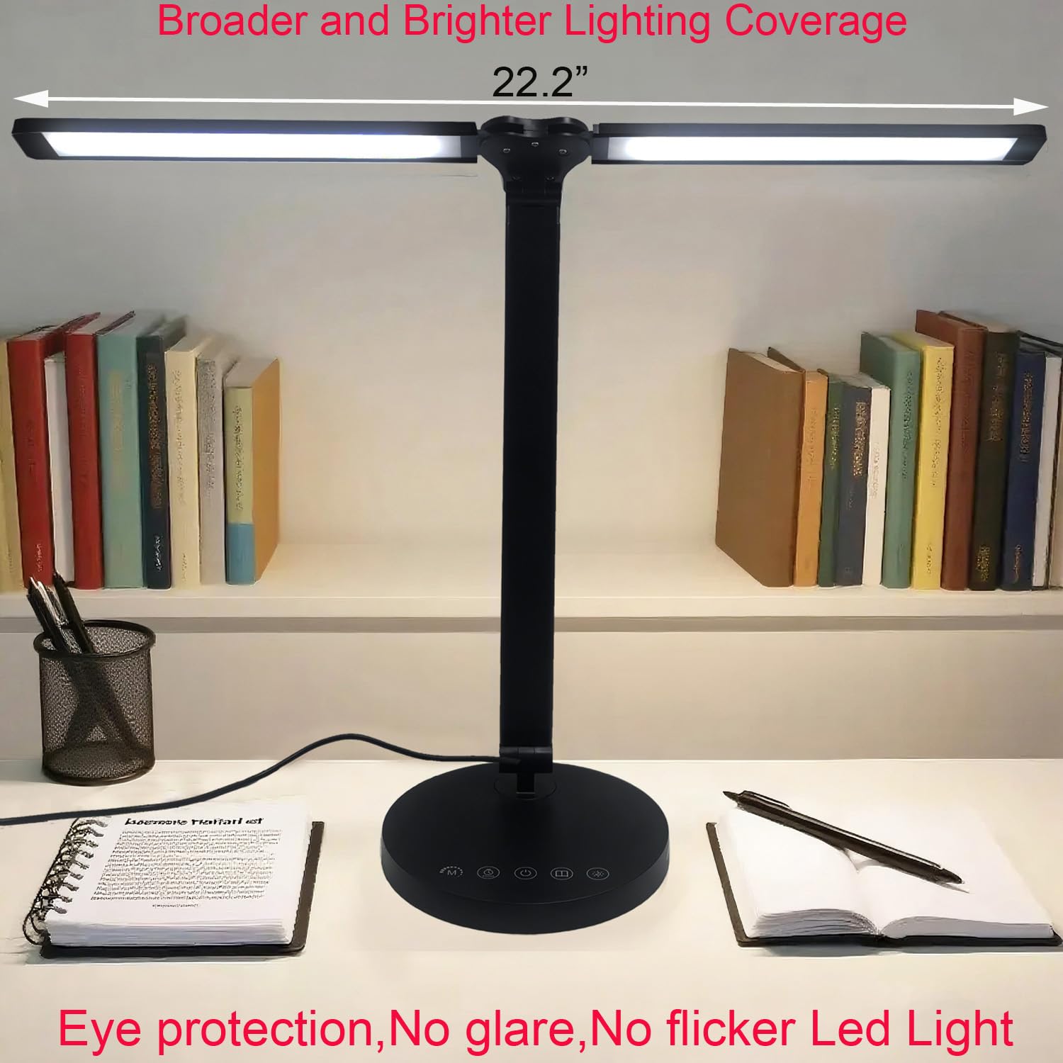 Dual Swing Arm LED Desk Lamp W/Dual Heads,Eye-Caring Table Reading Light W/5 Light Colors/Stepless Dimming/45Min Timer/3 Night Light Modes,Foldable Touch Control Beside Desk Light for Work,Study,Black - Image 2