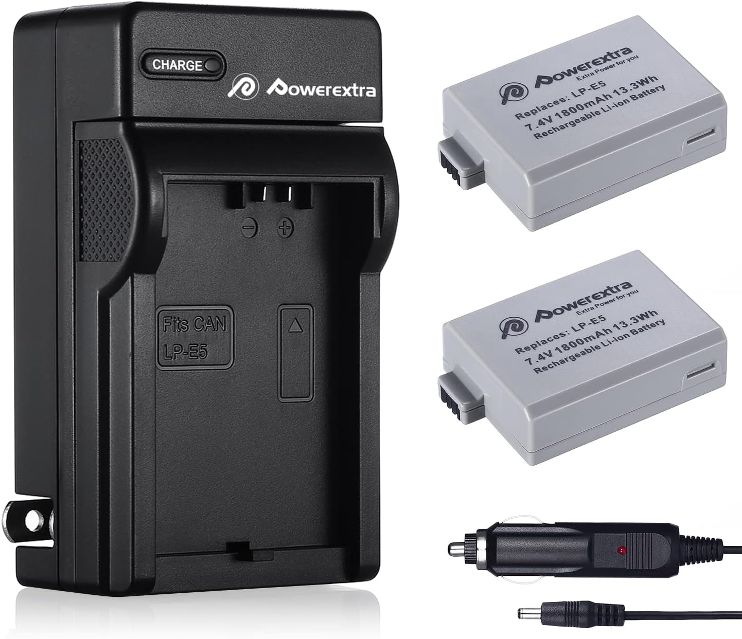 Powerextra 2 Pack LP E5 Battery and Charger Compatible with Canon LP-E5 Battery and Canon Rebel XS Rebel T1i Rebel XSi 1000D 500D 450D Kiss X3 Kiss X2 Kiss F- Free Car Charger Available