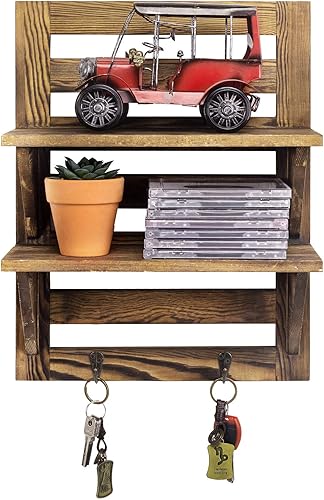 Miniatura 5 de Estante organizador MyGift para pared, de madera marrón oscuro de 2 niveles con 2 ganchos para llaves, estante de almacenamiento para baño, cocina,