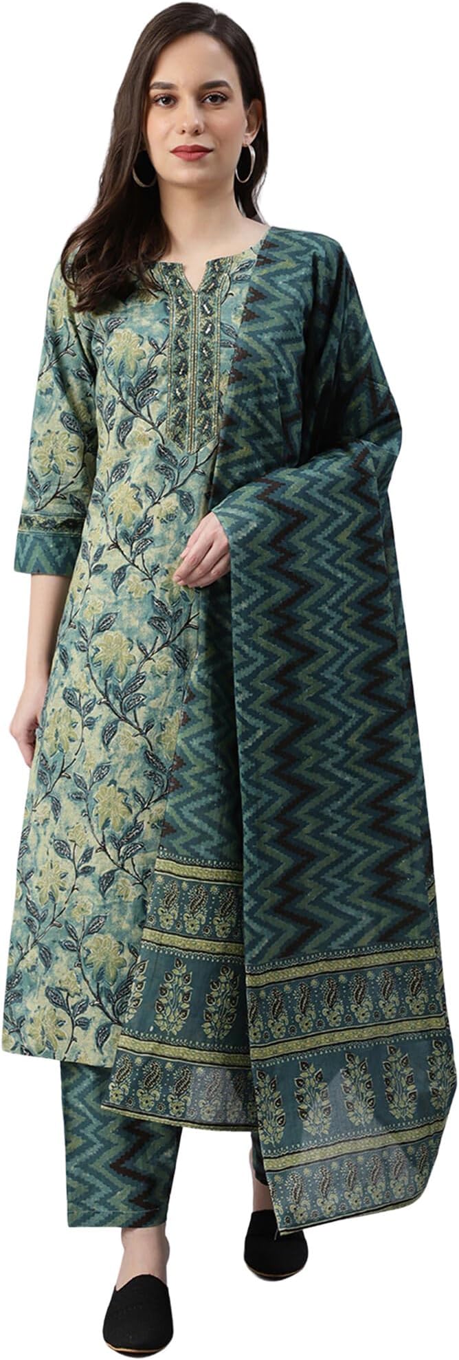 VaamsiWomen's Rayon Blend Ethnic Motifs Printed Straight Kurta Pant with Dupatta (VKSKD1091_Teal Green)
