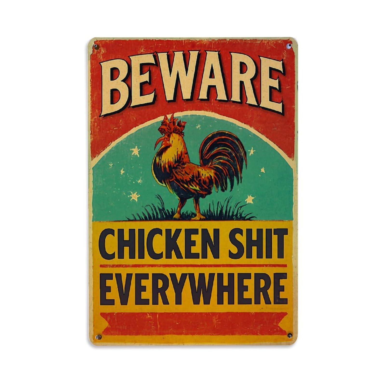 Beware Rooster Chicken Shit Everywhere Sign Tin Sign Vintage Metal Sign, Living Room,BAR, Home, Bedroom Wall Decor,Retro Metal Poster 8X12 Inches