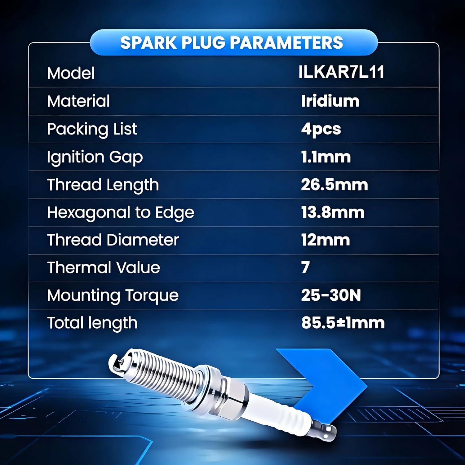 94124 ILKAR7L11 Laser Iridium Spark Plug, Pack of 4, 100k Miles Longevity, 1.0mm Fine Wire Electrode, Fits Select Mazda Models Replacement for NGK 94124 ILKAR7L11