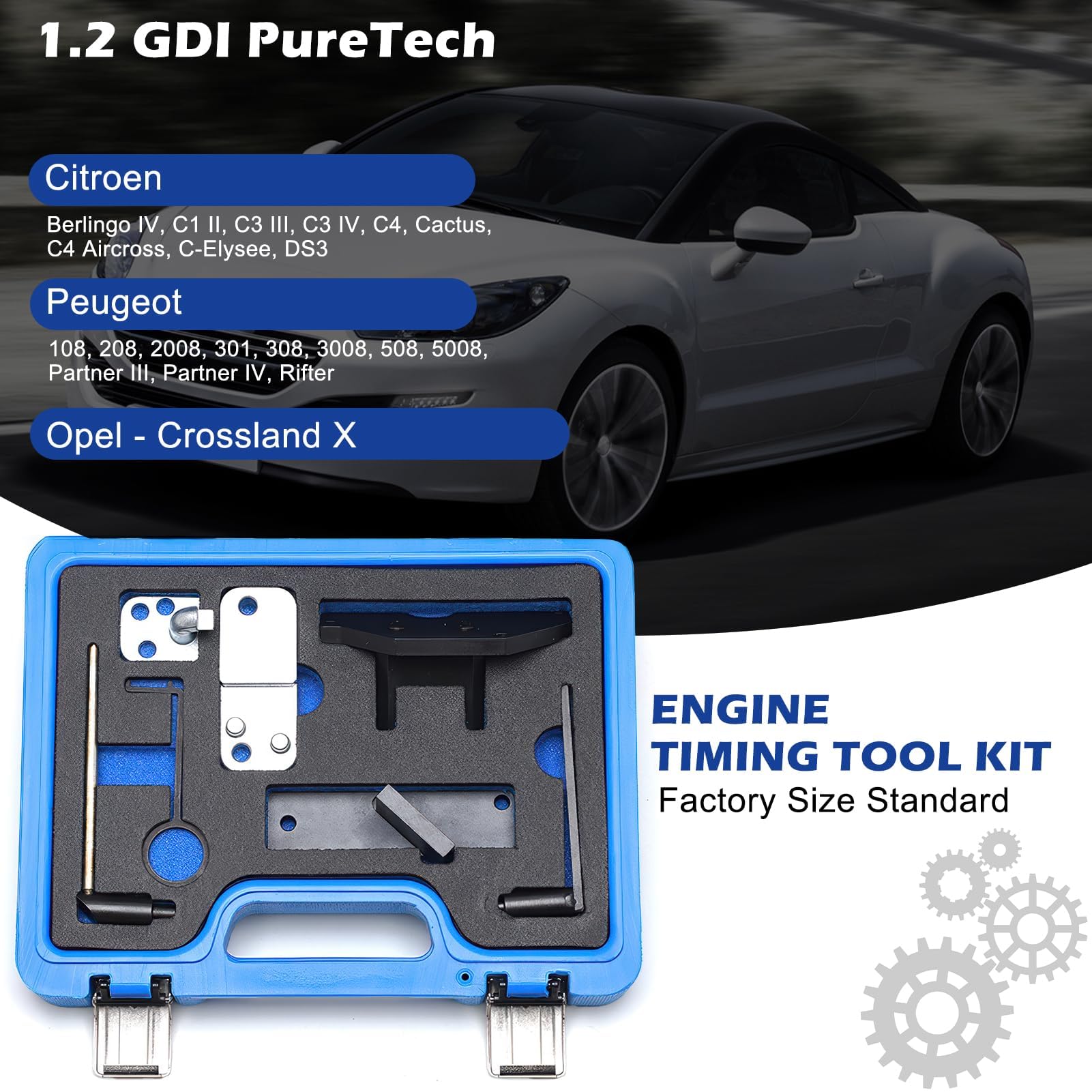 Set di attrezzi per la regolazione del motore, per cinghia dentata 1.2 PureTech, 109-2C/0109-2C | Adatto per Citroen, Peugeot, Opel, Toyota Aygo. Contiene 109-2D, 0109-2B, G-0109-2E. Preciso, 300 Nm, acciaio al carbonio