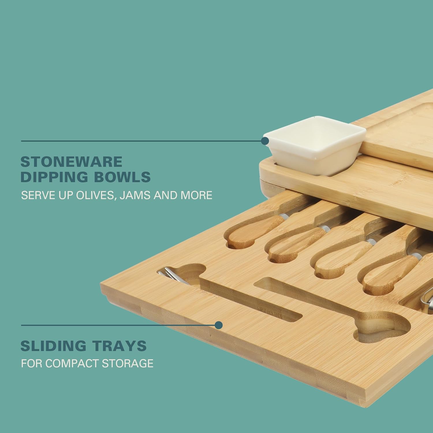 Gibson Home Rustic Inspirations 18-Piece Bamboo Charcuterie Board Set for Serving – Large Cheese & Fruit Tray with Hidden Drawer Ceramic Bowls Utensils – Gift for Entertaining Housewarming Holidays - Image 4