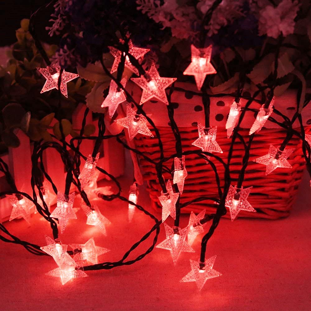 Guirnalda de luces de estrella, 5 m, 50 LED, para interiores, guirnalda de luces de estrella parpadeante, USB (rojo)