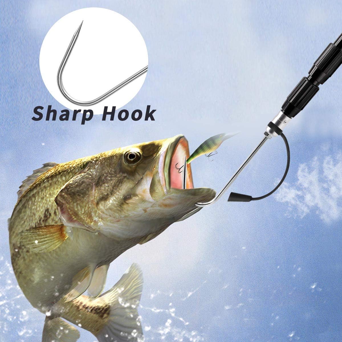 SANLIKE Telescopic Fish Gaff Fiberglass Pole Stainless Steel Spear Hook | 47 / 93 /134in Lockable telescopic design, anti-lost wrist lanyard, portable storage for saltwater boat offshore ice fishing