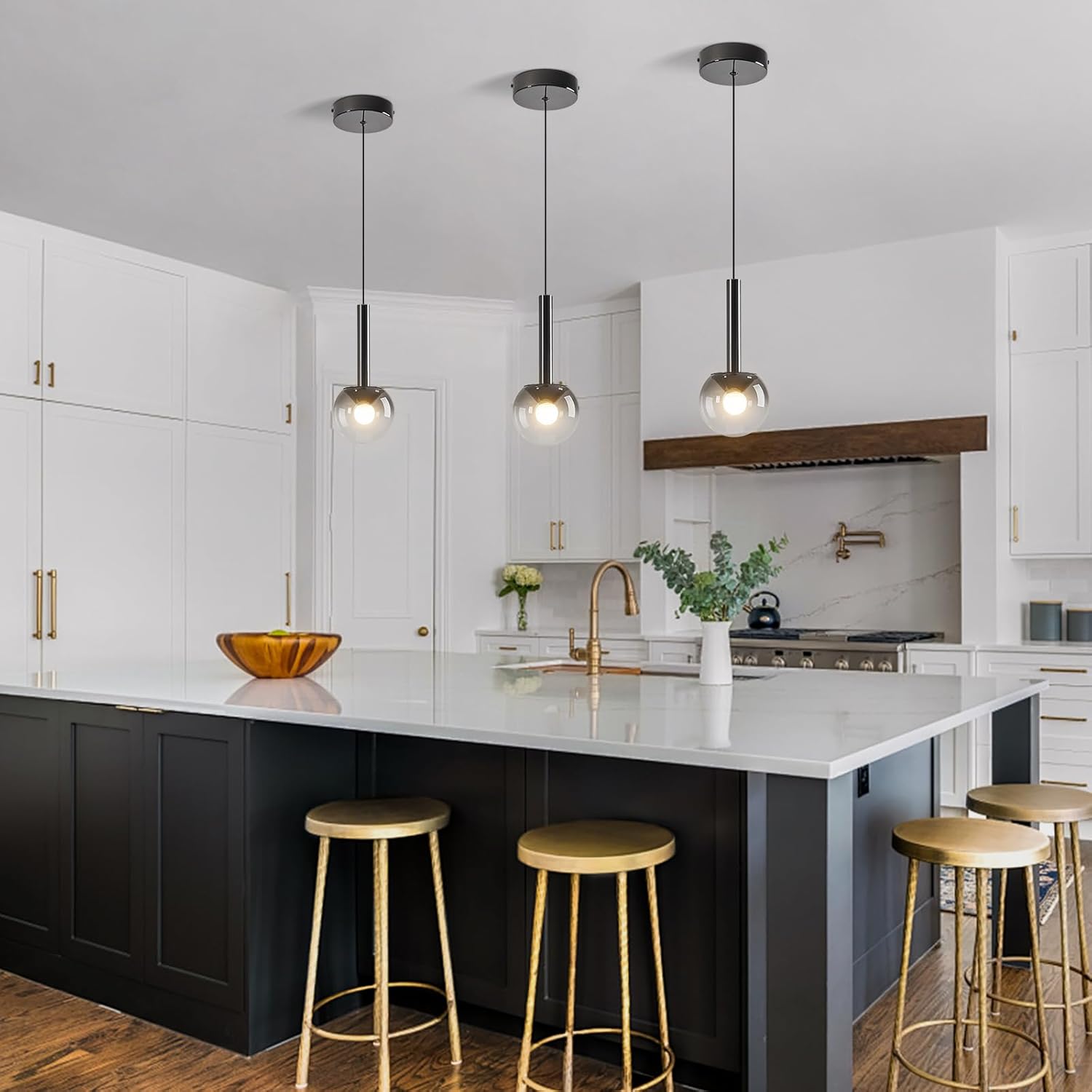 Globe Pendant Lighs for Kitchen Island,Modern LED Black Hanging Light Fixture with Gradient Gray Globe Glass Adjustable Ceiling Lights for Restaurant bar Sink Bathroom Entryway (2-Pack)