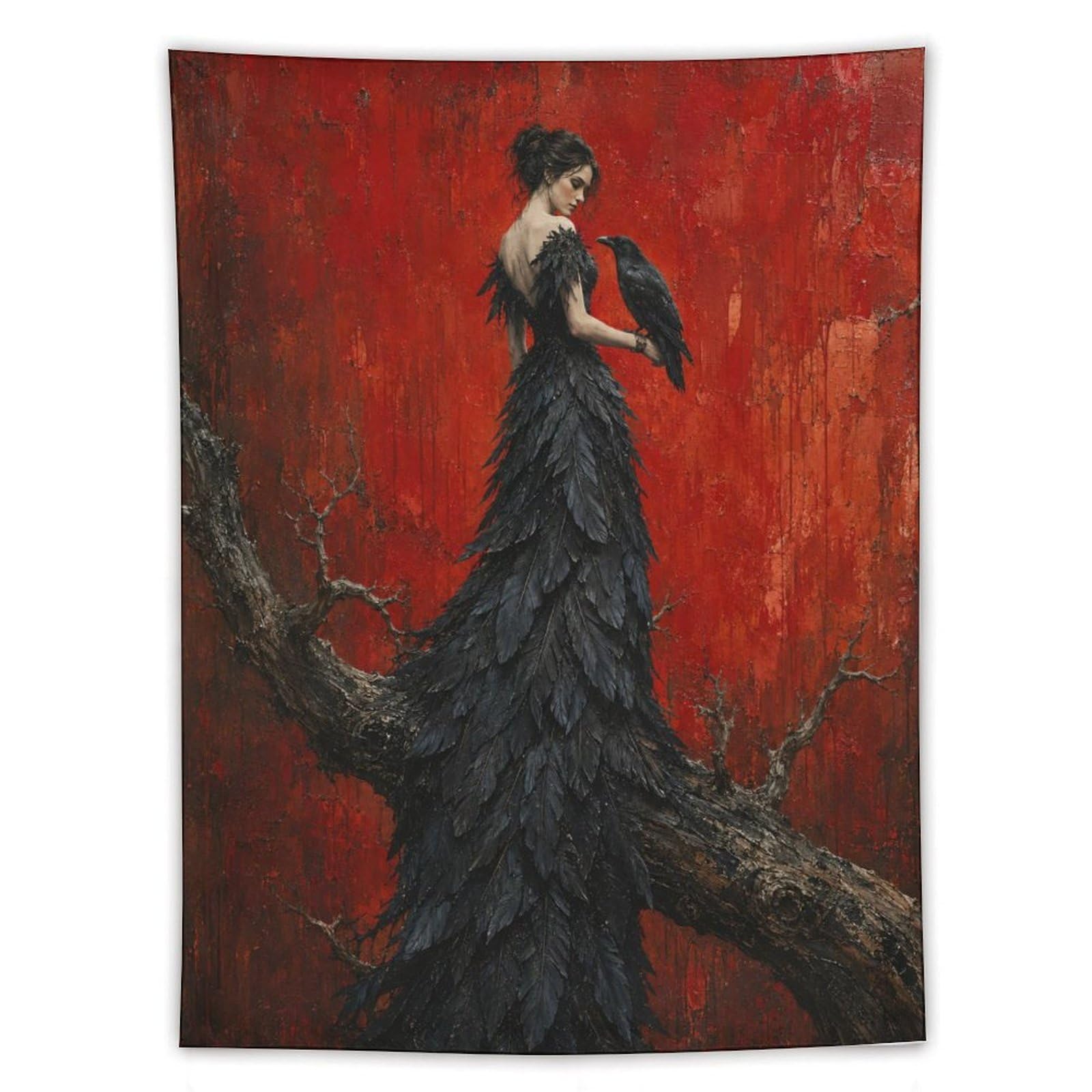 H3B8U2Y5 Raven Woman with Feather Dress Wall Tapestry, Entryway