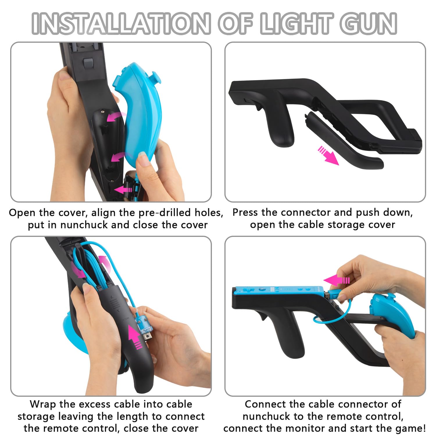 LongLongJin 2 Racing wii Steering Wheels And 2 wii Zapper Gun controller Premium Wii Accessories, Compatible With Nintendo Wii U Remote and Nunchuck Games(Black) - Image 6