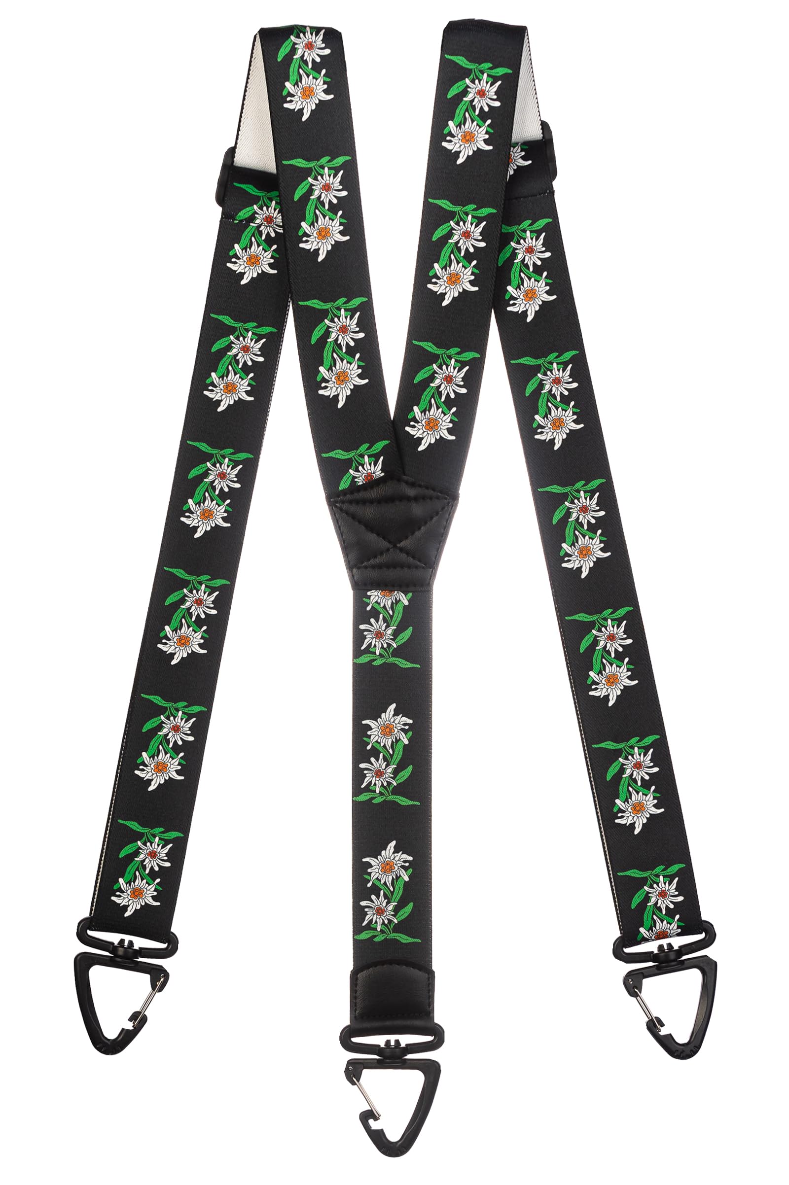 Olata Men's Black Heavy Duty Y-Shape Braces/Suspenders With Edelweiss Pattern And Plastic Carabiner Clips - 4Cm.