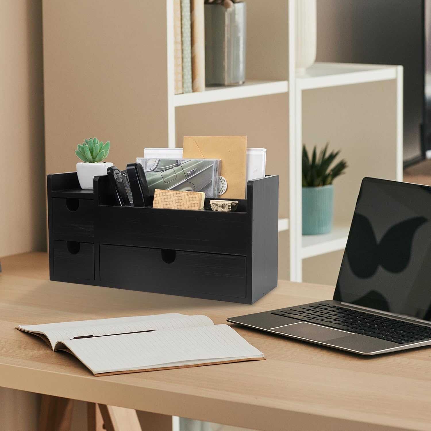 Vintage Black Wooden Desktop Organizer Removable Drawers Office Supplies Wood Storage Cabinet Caddy Box Stationery Pencil Slots Mail Holder Note Pads Accessories Home Makeup Tools Cosmetics