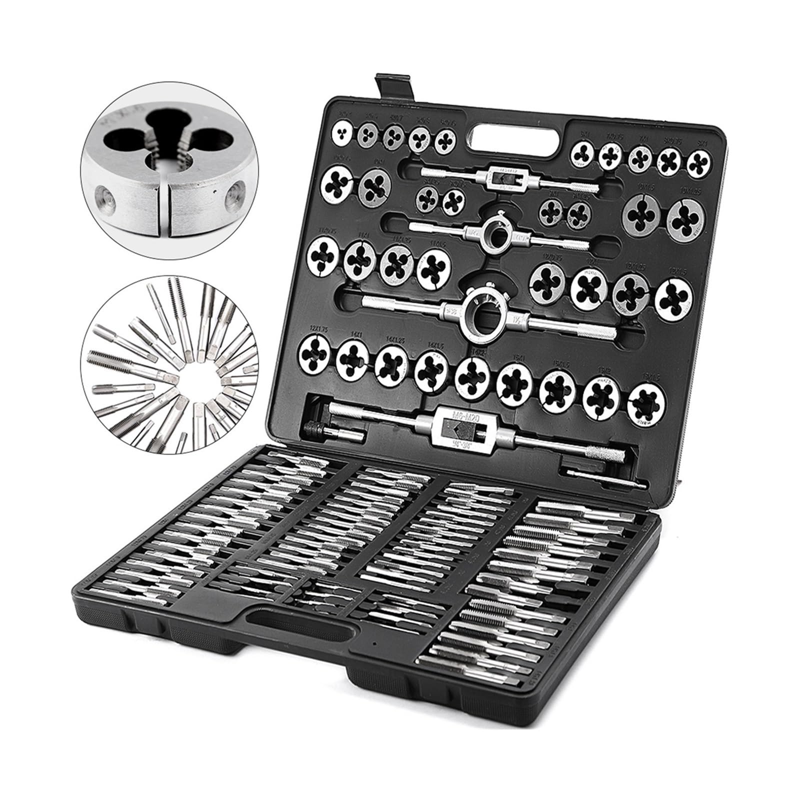 Juego de machos y terrajas (86 piezas, 110, acero tungsteno, titanio), herramienta roscado manual con llave destornillador for reparación cortes Para uso de bricolaje(110PCS)