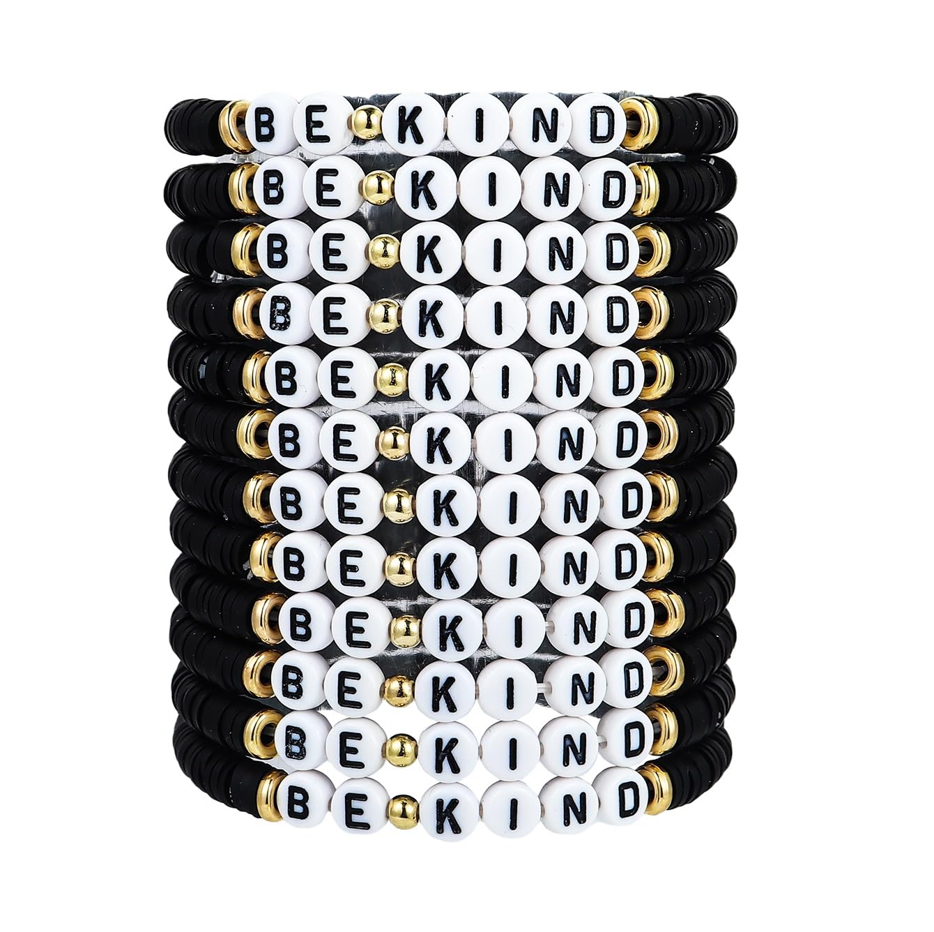 Caiyao 12Pcs Rainbow Polymer Clay WWJD BE KIND Friendship Stackable Bracelets Colorful Multilayer Heishi Surfer Clay Gold Beaded Stretch Preppy