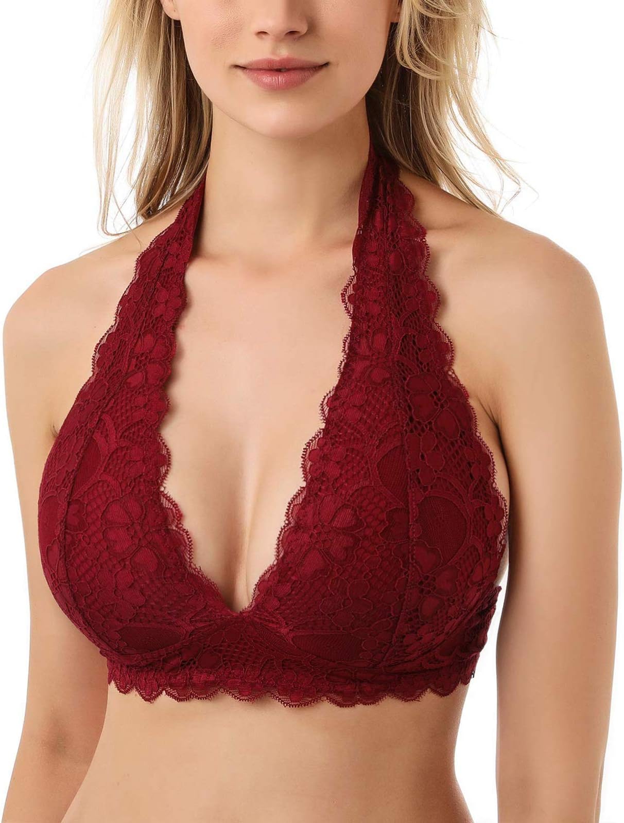 Floral Lace Halter Bra Bralette Top Hook and Eye Closure Back Unpadded Wirefree Lace Bra