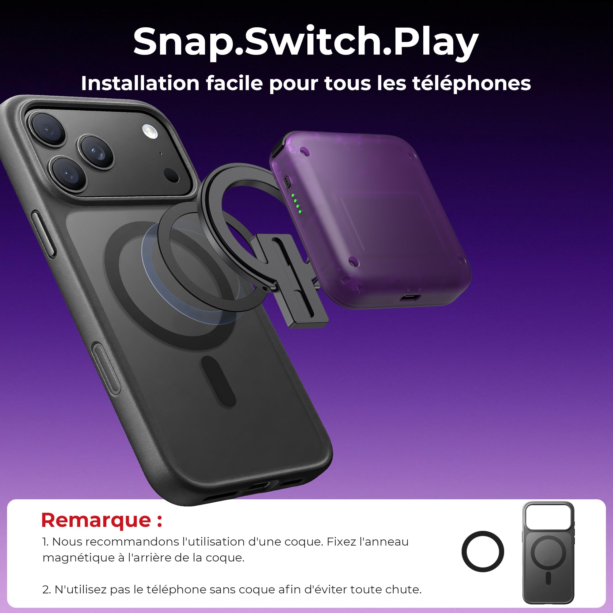 abxylute Manette de jeu mobile M4 Snap-On pour Android et iPhone, légère et portable, manette de poche rétro avec support, double joystick turbo et aimant (violet)