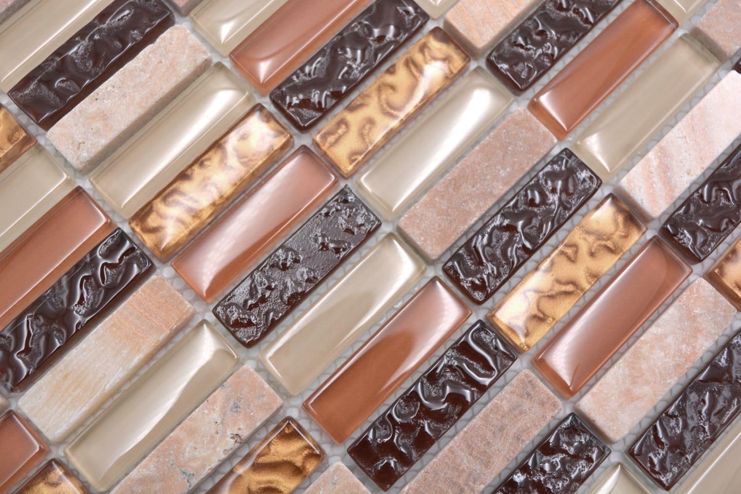 Piastrelle a mosaico in rete di mosaico, in cristallo, mix di pietre, beige/marrone, in vetro naturale, dimensioni: 15 x 50 x 8 mm, dimensioni foglio: 322 x 310 mm, 10 fogli