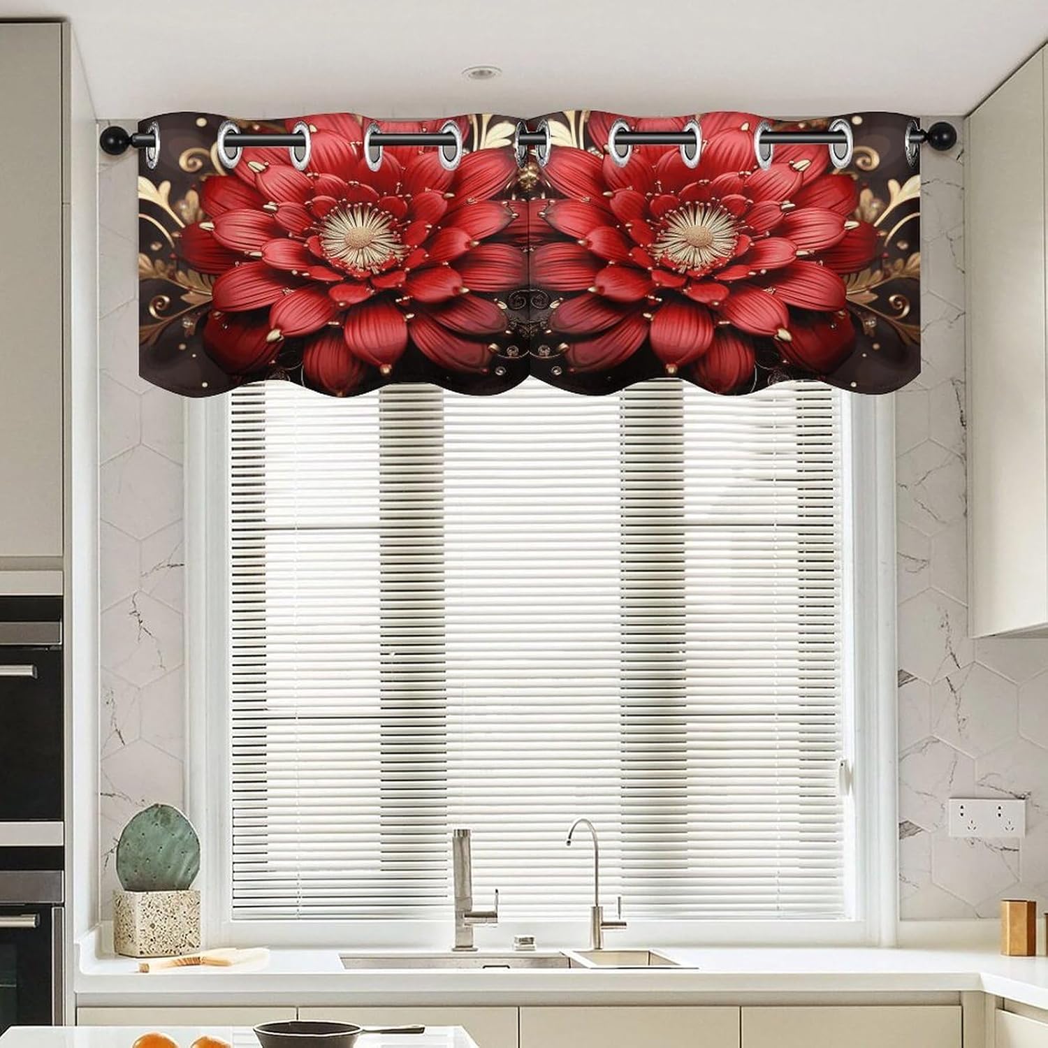 Red Gold Flower 2 Pack Valance Curtains Window Treatments. Adjustable Curtain with Rod Pocket.Cafe Curtains is Half Curtains for Privacy Decorative 52x18.1 Inch.