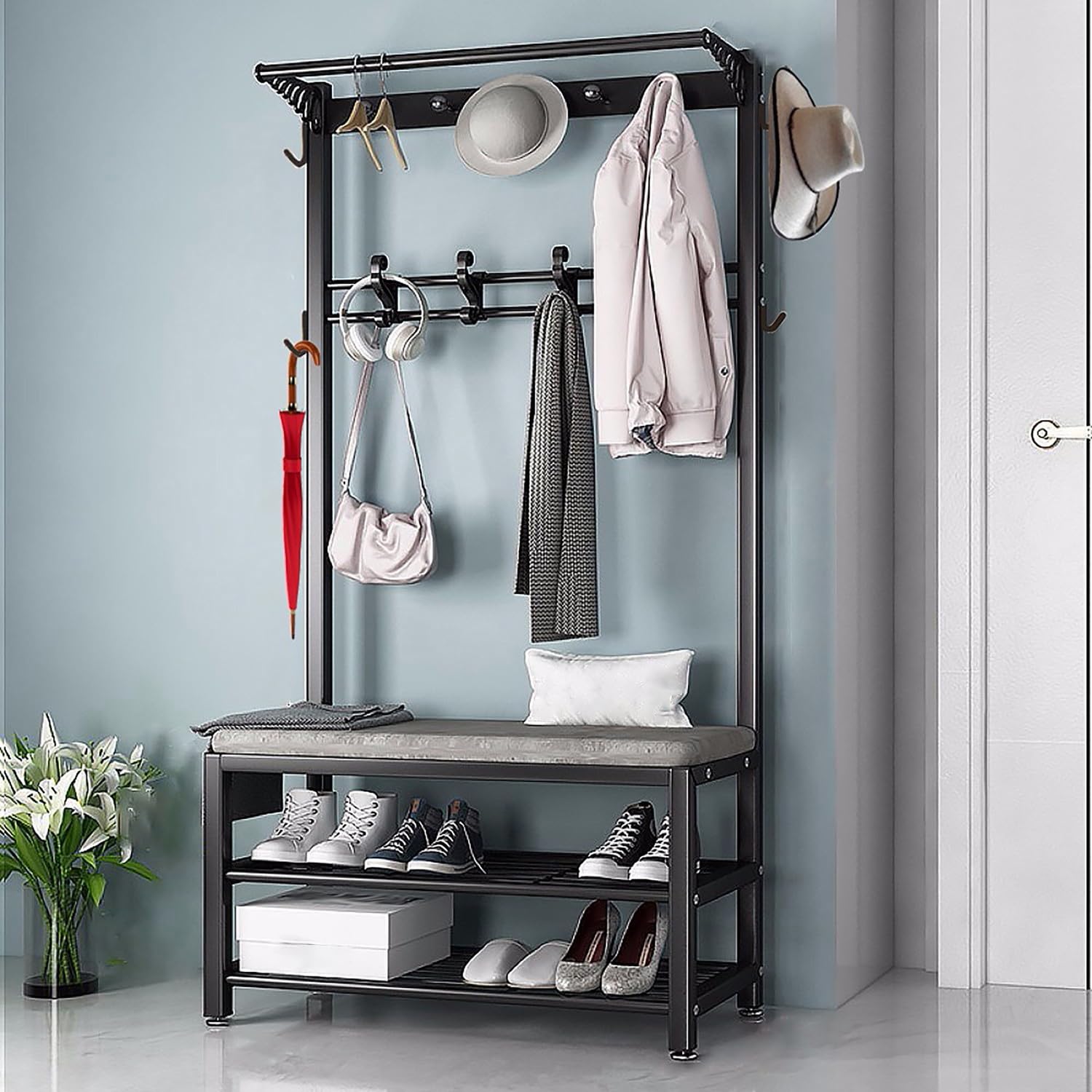 WPPTNSFY Entryway Coat Rack with Shoe Bench, Industrial Hall Tree with Shoe Rack, Free Standing Coat Stand, Removable Hooks, Multifunctional Coat Rack Stand for Entryway Hallway Bedroom