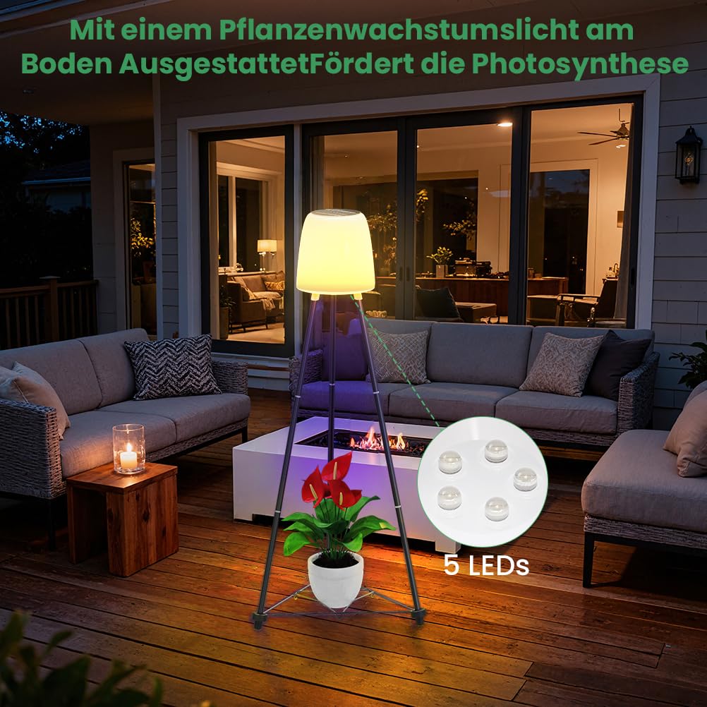 OUSFOT Solar Stehlampe Outdoor mit Blumenständer, RGB und Warmweiß, Wasserdicht Akku Stehlampe Kabellos für Nachhaltige Terrasse Beleuchtung, Solar Stehleuchte für Garten, Swimmingpool, Innenhöfe