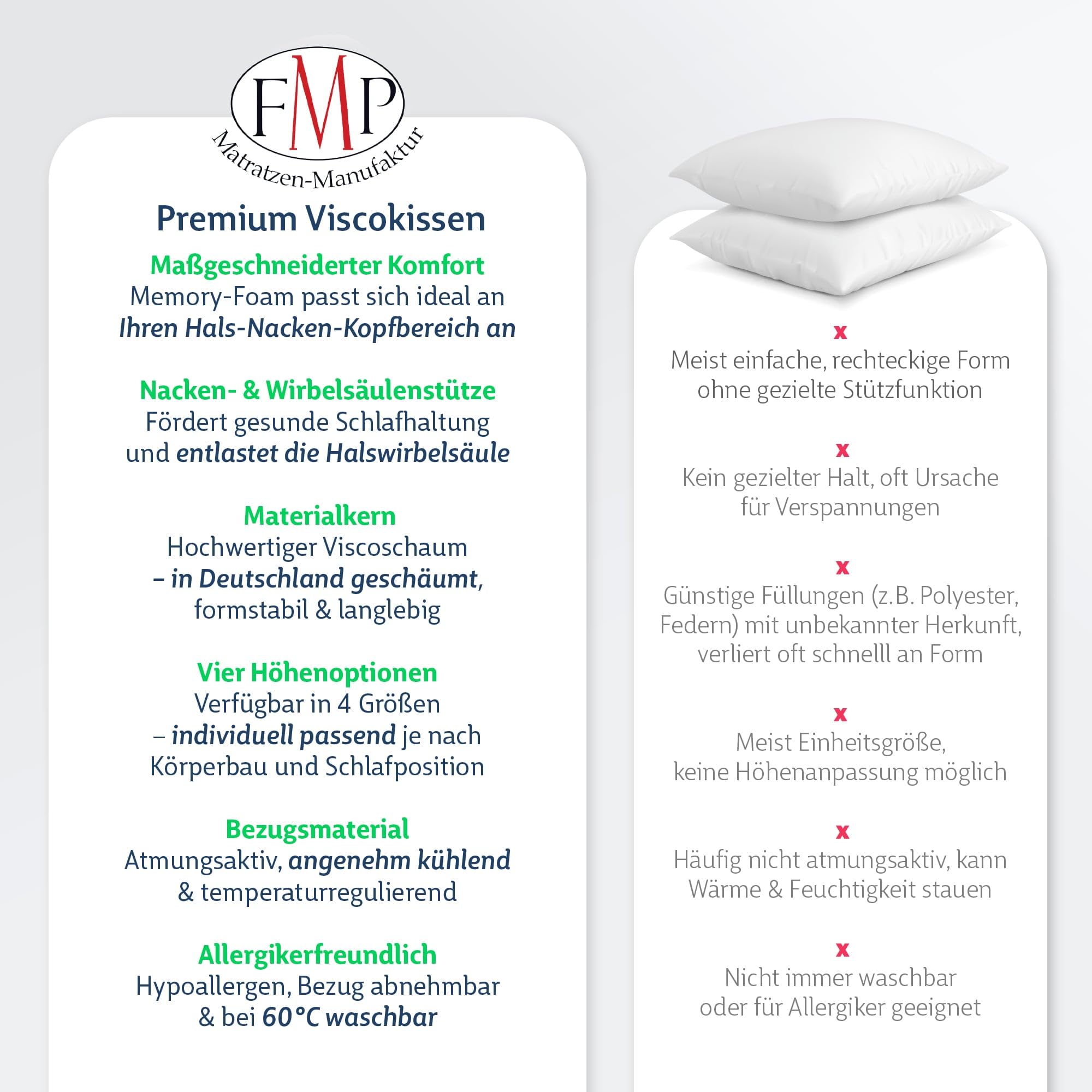 FMP Matratzenmanufaktur Orthopädisches Nackenstützkissen Viscoelastisches Kissen 8,5 cm hoch weiß