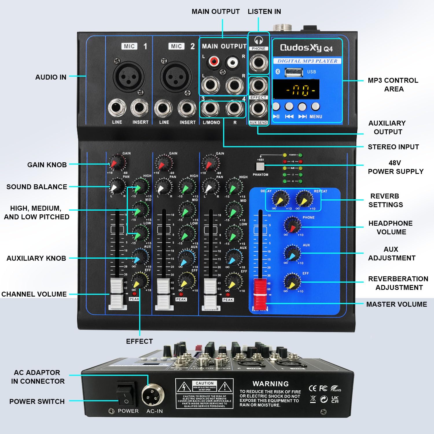 Mixer Audio Professionale Scheda Audio Console Interfaccia Sistema 4 Canali USB Digitale Bluetooth MP3 Ingresso Computer 48V Phantom Power Stereo DJ Studio Streaming