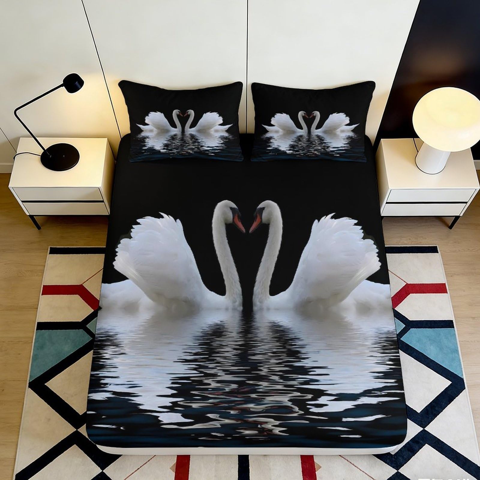 Pnayamiorkfel Style-7 3D Printed Swan Lake Fitted Sheet Microfiber Soft Black White Reflection Mattress Cover For Bedroom Guest Room Decor 90X200x25cm