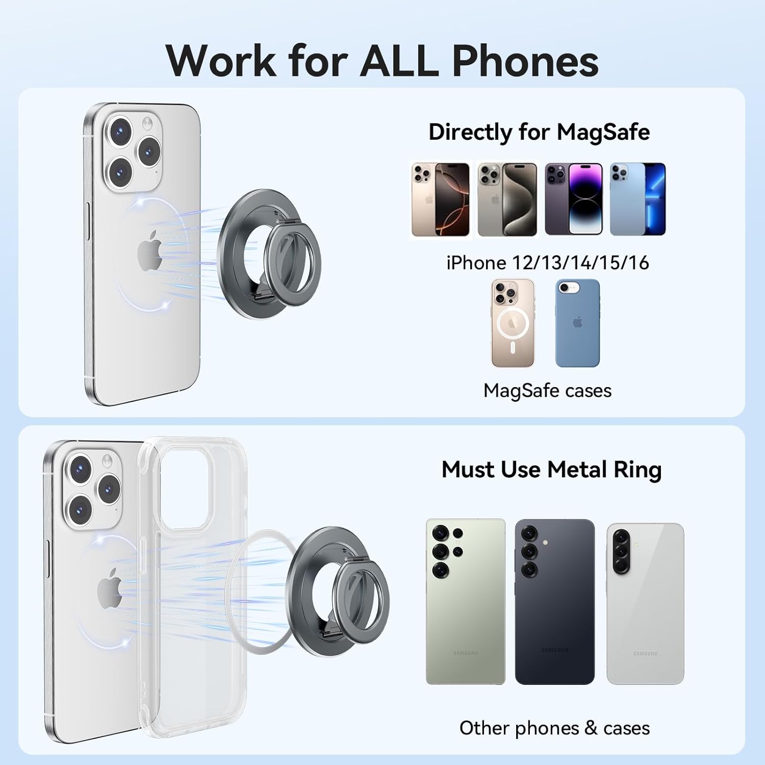 Ultra-Light Dual Sided Magnetic Phone Holder,Car Mount, 360 ° Rotation Finger Ring Holder,Foldable Magnetic Cell Phone Grip Stand Removable Phone Kickstand for All Phones MagSafe Accessories - Image 2