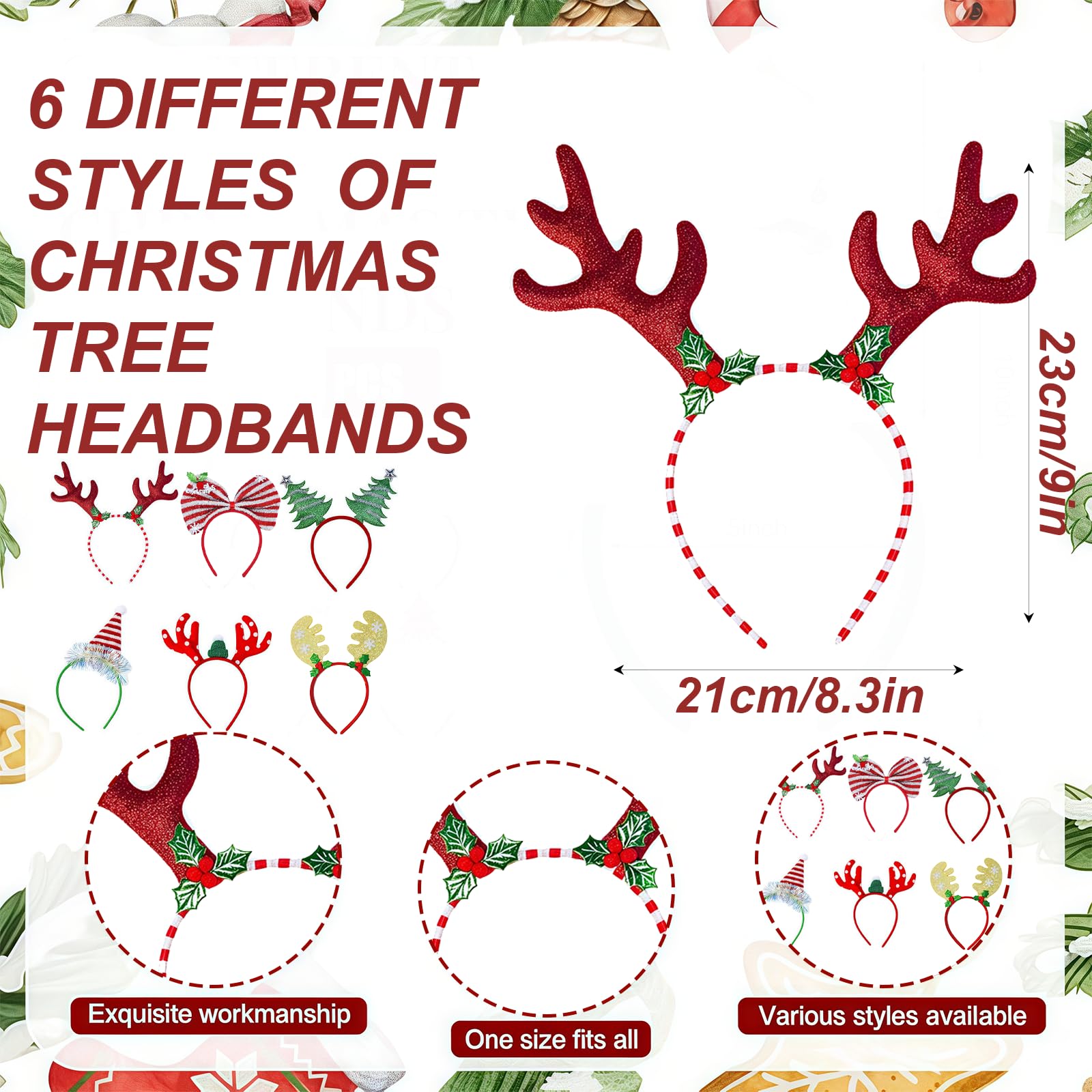 SOPSTUO 6Pcs Christmas Headbands for Adults Kids Christmas Hairband Accessories for Xmas Holiday Party Favors Photo Booth - Image 2