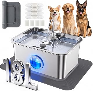 18L/4.76Gal Stainless Steel Dog Water Fountain with Silicone Mat, 4 Filters | Extra Large Pet Water Fountain for Giant Breeds Multi-Pet, Ultra Quiet Dog Water Bowl Dispenser, Visible Window & LED Light