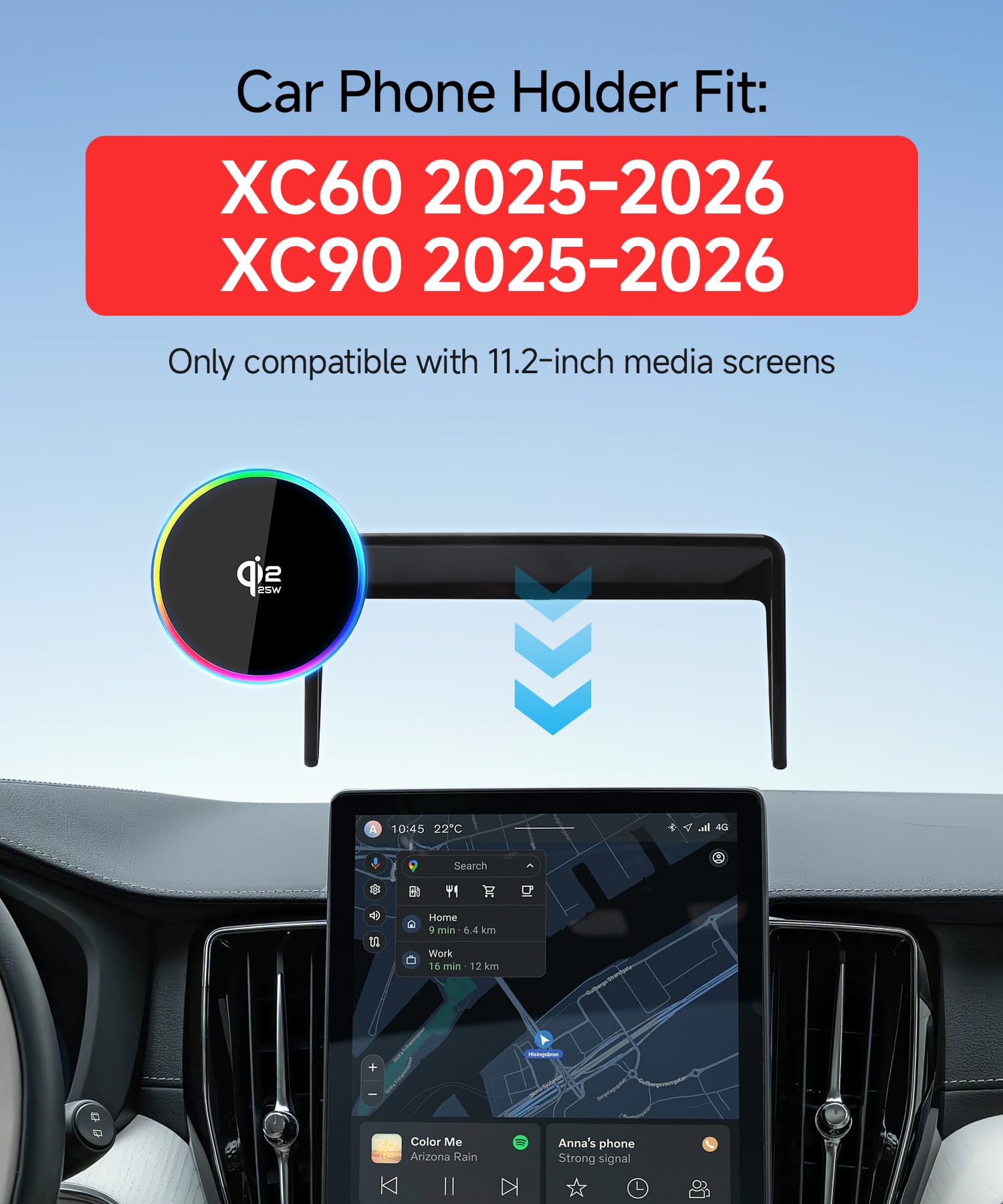 Qi2.2 Max 25W Cargador de coche inalámbrico rápido soporte de teléfono para Volvo XC60/XC90 2025-2026 pantalla de 11.2 pulgadas, soporte magnético para teléfono compatible con MagSafe