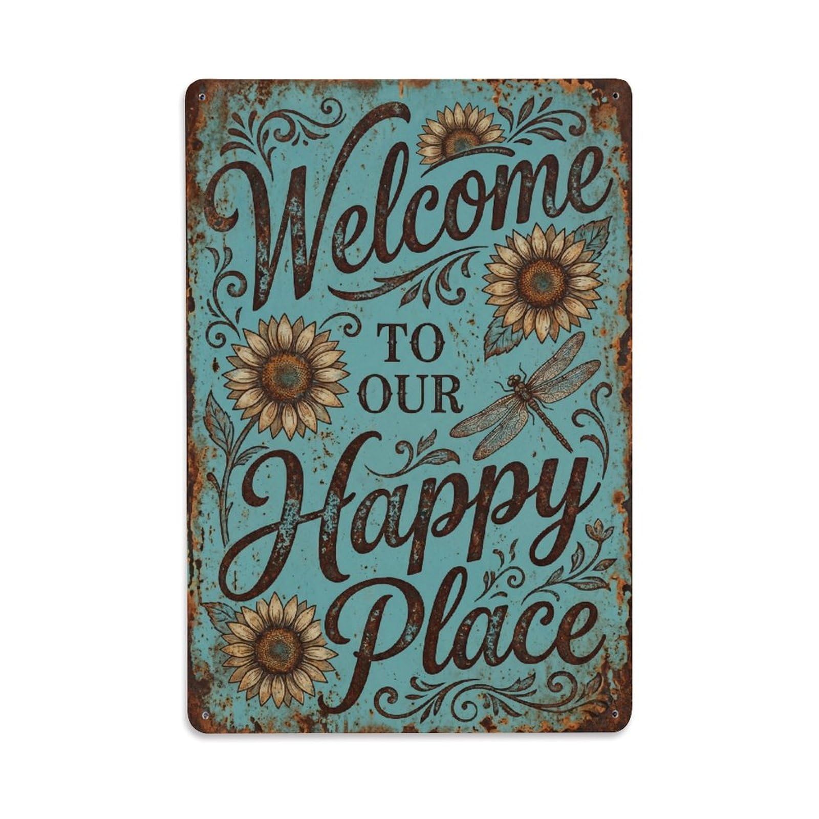 Welcome To Our Happy Place Farmhouse Door Vintage Metal Tin Sign Plaque Wall Decor for Cafe, Club, Garden Metal Poster 8x12Inch