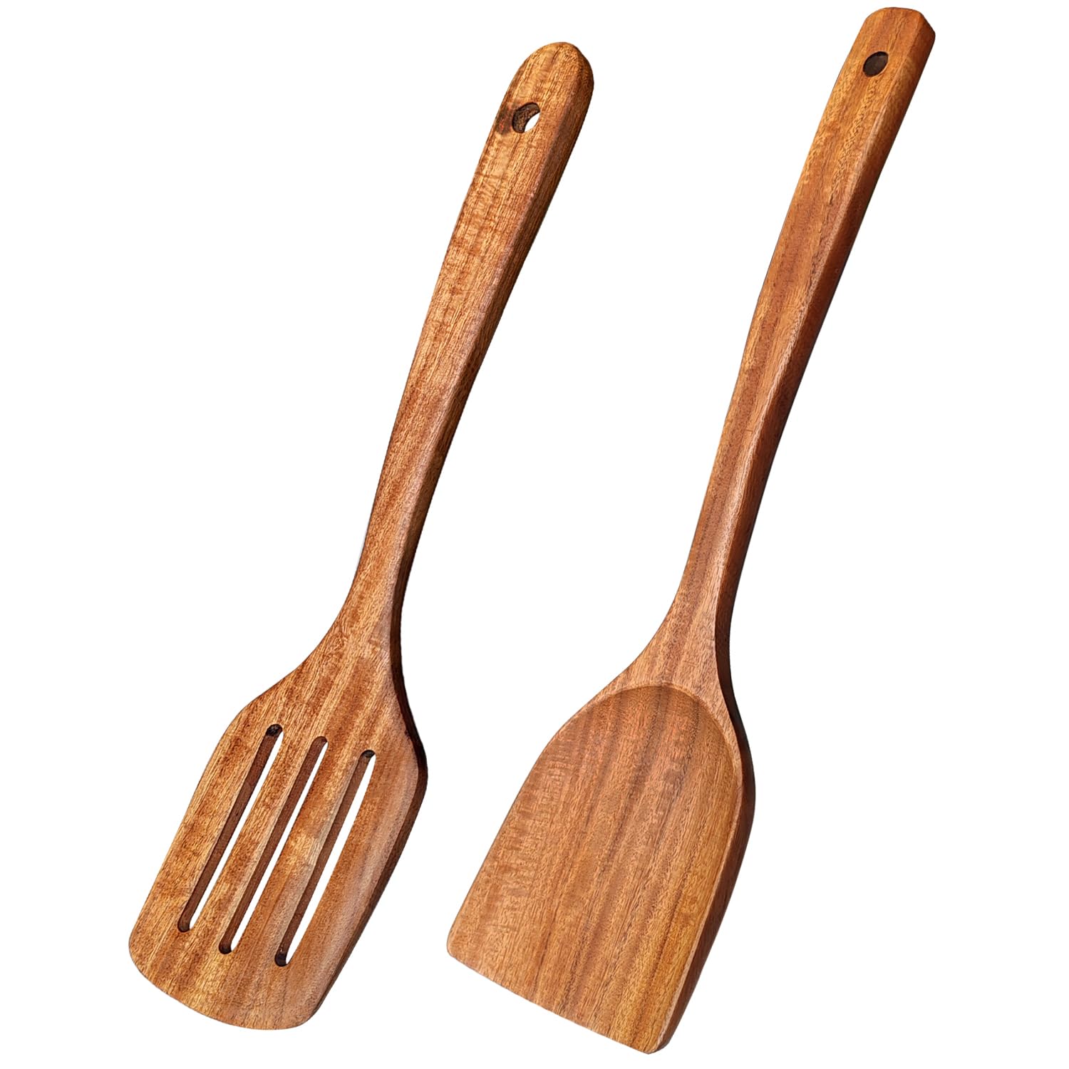 Wooden Spatulas for Cooking Non-Stick Kitchen Pan Toolset 2 PCS Set, Natural Teak Kitchen Utensils Spoons, Wooden Cooking Utensils Spoons, Fried Spatula,Flipping and Wok Spatula, Wooden Spoons