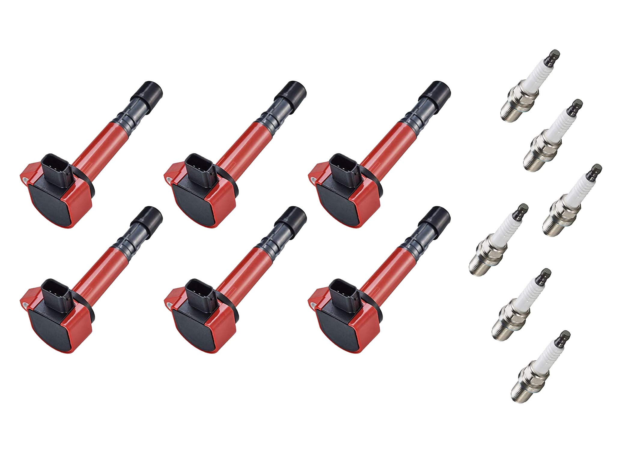 ENA Set of 6 Red Ignition Coil Pack with Spark Plug 3.5L V6 2001 2002 2003 2004 2005 2006 2007 2008 Compatible with Acura Honda Saturn MDX Pilot Vue Ridgeline Coils Plugs for UF400 UF512 4503 PK16TT