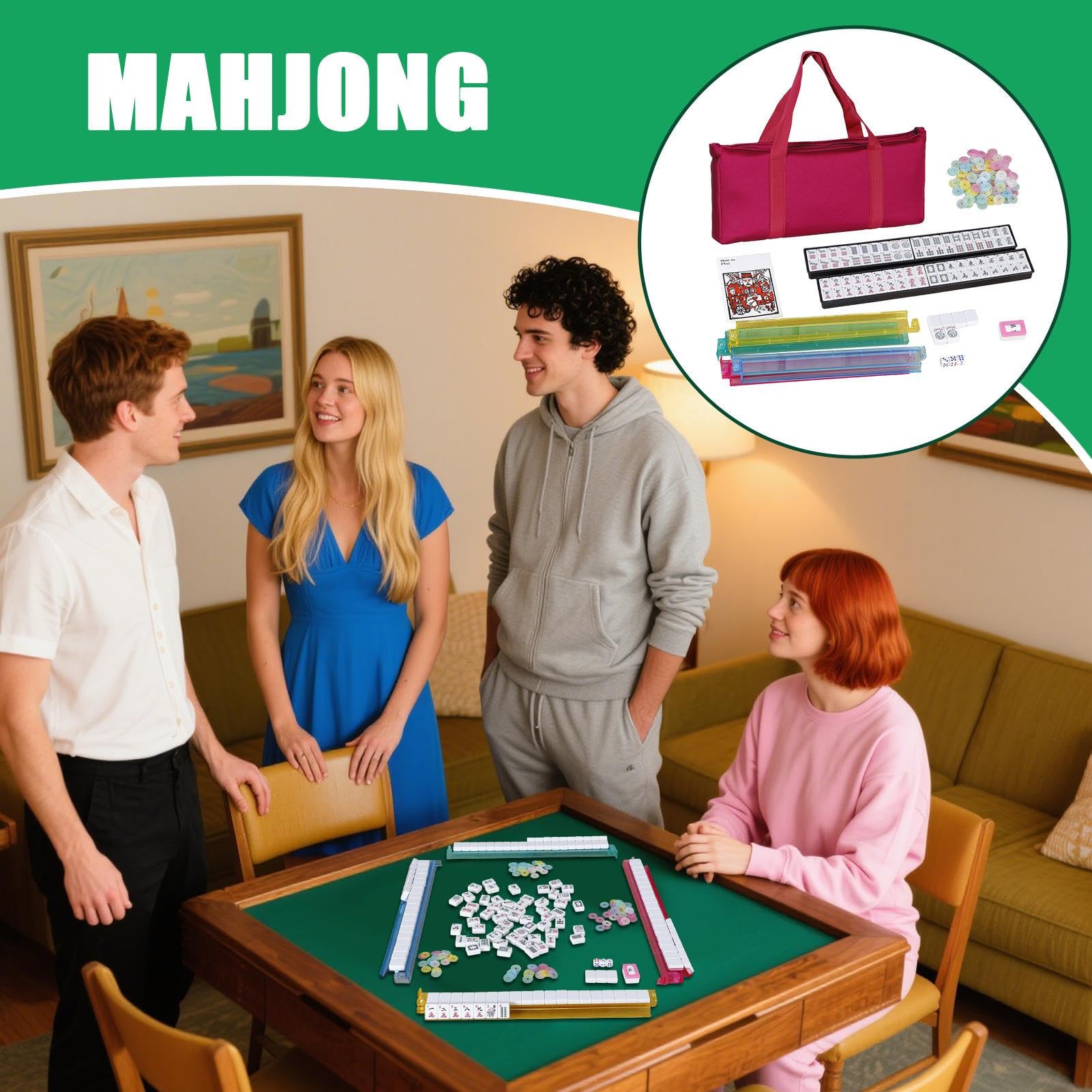 Generisch Mahjong zestaw do gier - klasyczny zestaw do gry planszowej Mahjong z akcesoriami - kompletny zestaw z akcesoriami i przenośnym rozmiarem, do nauki i zabawy w domu, dla dorosłych, seniorów i