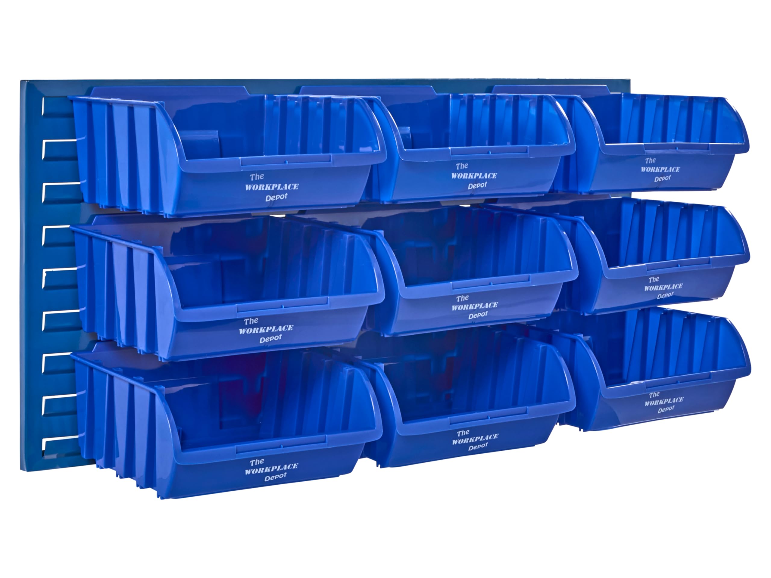 The Workplace Depot Blue Wall Mounted Louvre Panel Kit – Steel Storage Panel 460(H) × 995(W) With Polypropylene Bins – Ideal For Workshop, Garage & Warehouse Organisation (, With X9 Large Bins)