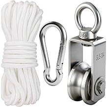 Cable Pulley Block Stainless Steel Swivel with 32FT Rope and Hook,for Garage,Attic,Kayak,Deer Hanging,Gym Equipment,550LB Lifting, 1 Pack