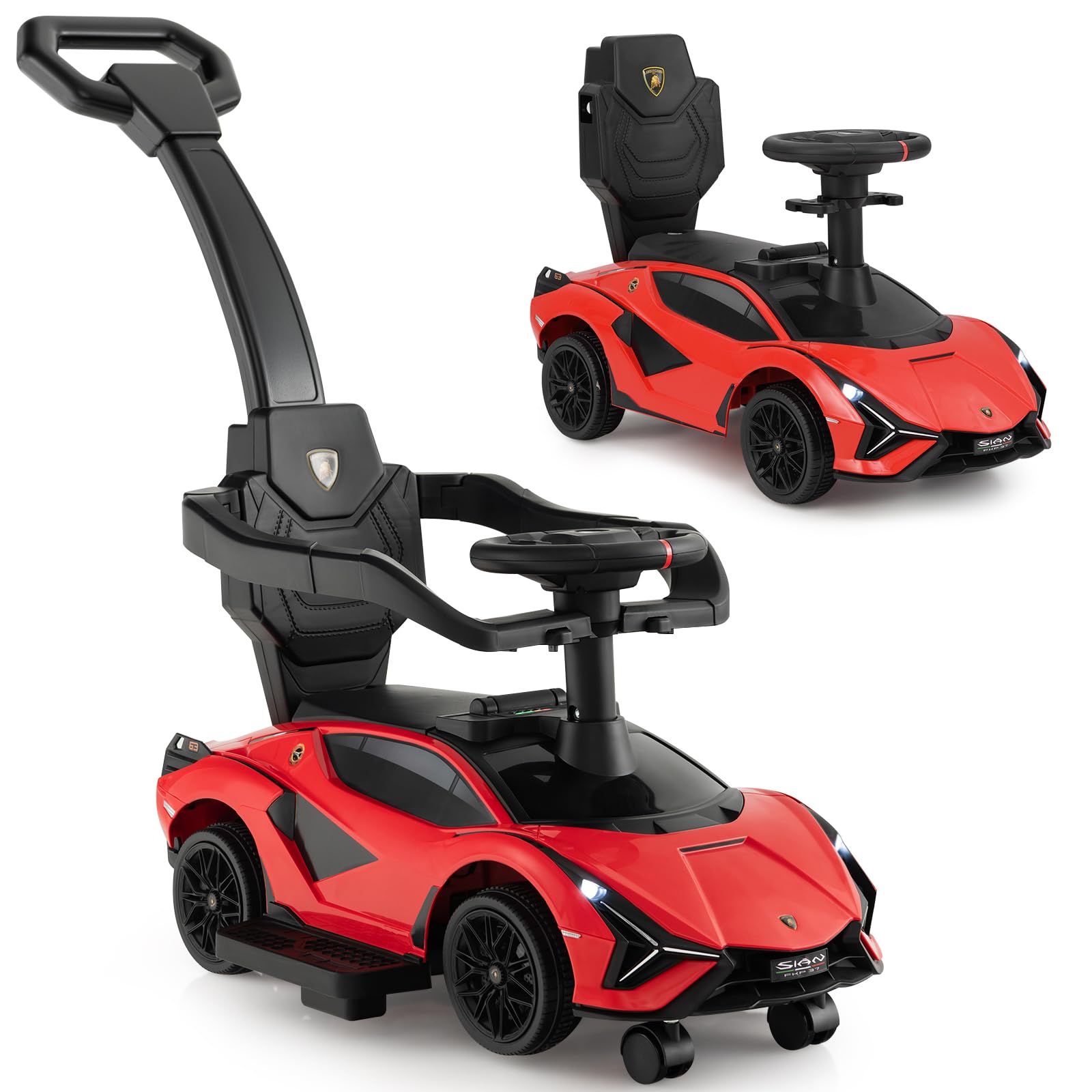 INFANS 3 in 1 Ride on Push Car, Licensed Lamborghini Baby Stroller Sliding Walking Car with Parent Control Handle, Music, USB, Headlight, Under Seat Storage, Foot-to-Floor Toy for 18-60 Months (Red)OEKO-TEX STANDARD 100