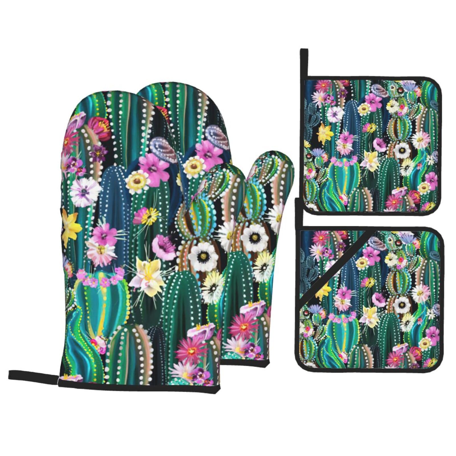 Blooming Cactus Print Kitchen Oven Mitts And Pot Holders Set,Hanging Loop Design For Cooking Baking Bbq
