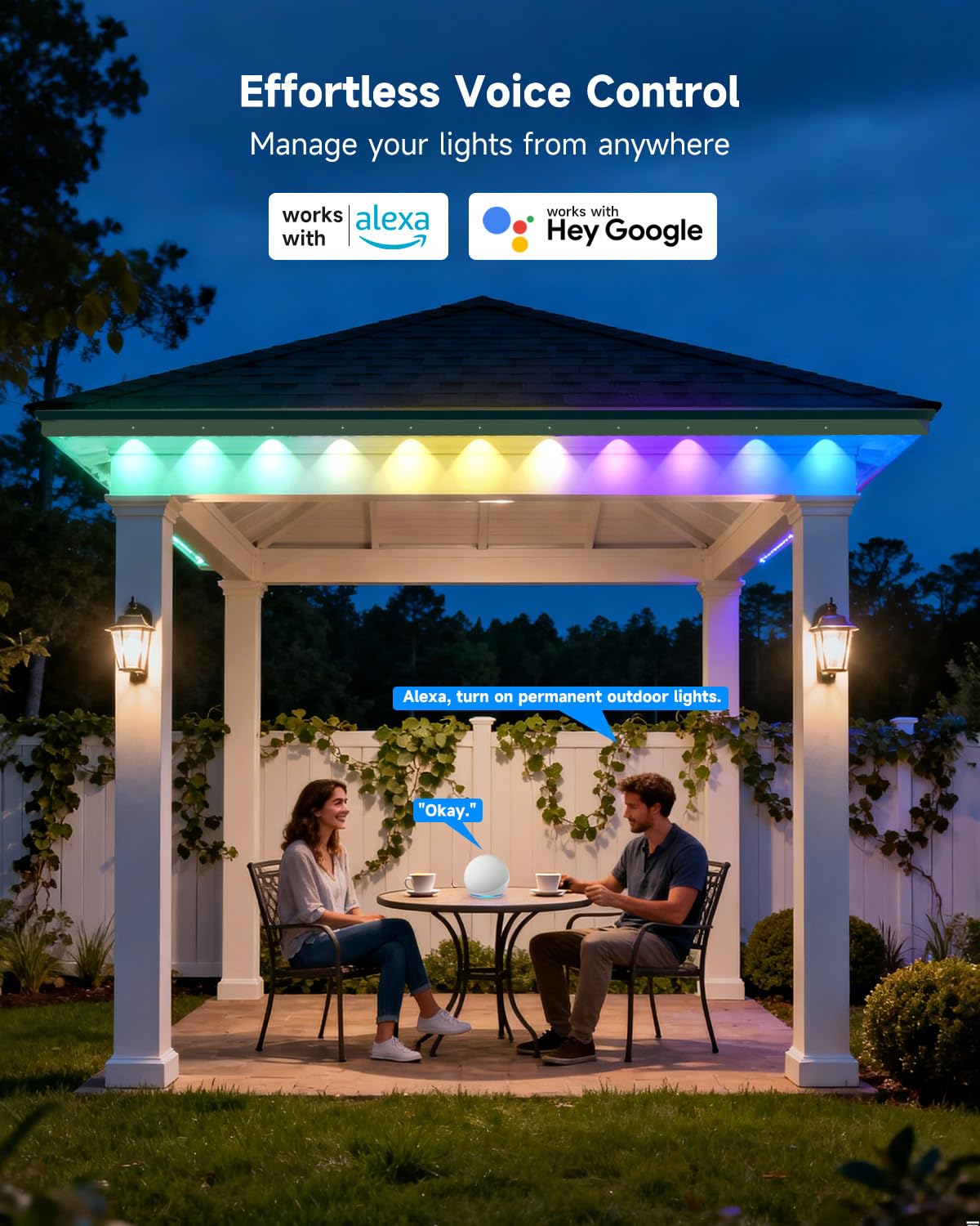 Permanente Außenbeleuchte Lights 15M RGBICW 2700-6000K LED Lichterketten Outdoor IP67 Wasserdichte mit App Steuerung für Weihnachtsdekoration Gartenpartys und tägliche Beleuchtung(Weiße 50FT)
