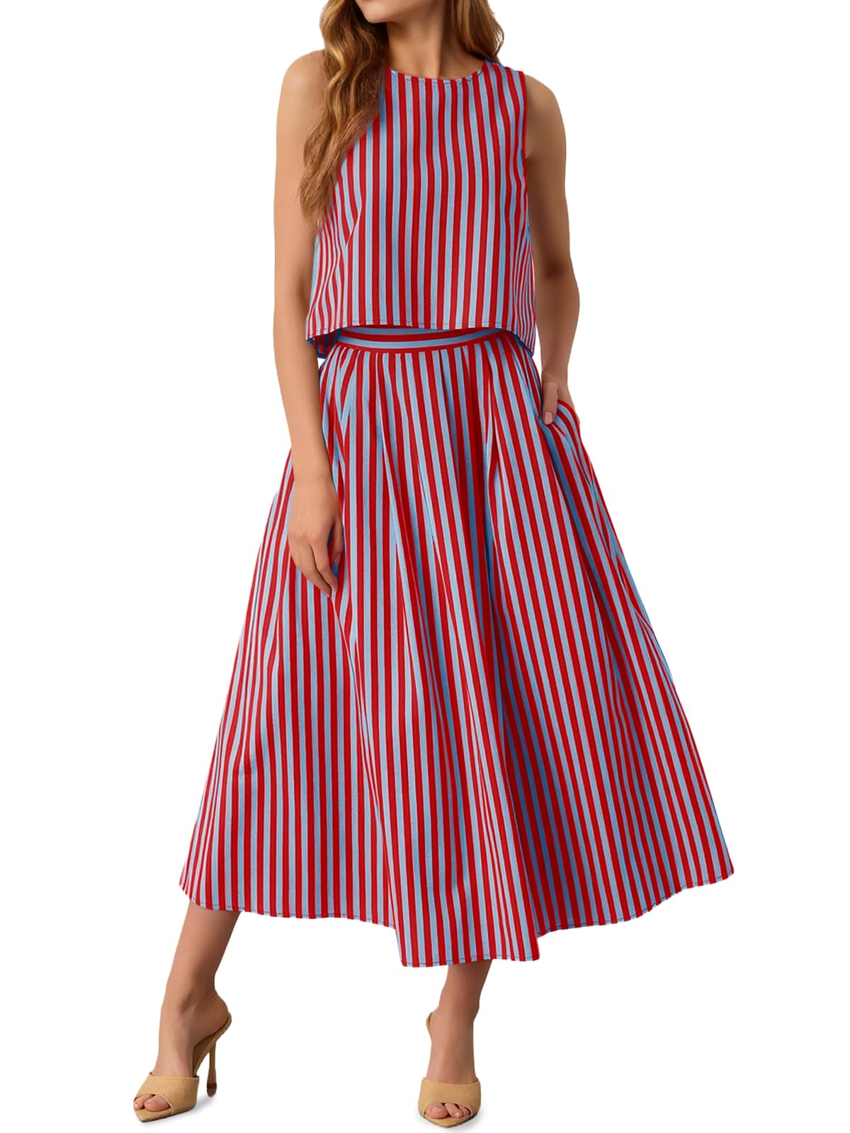Tankaneo Womens 2 Piece Skirt Sets Summer Striped Tank Tops Midi Dress 2026
