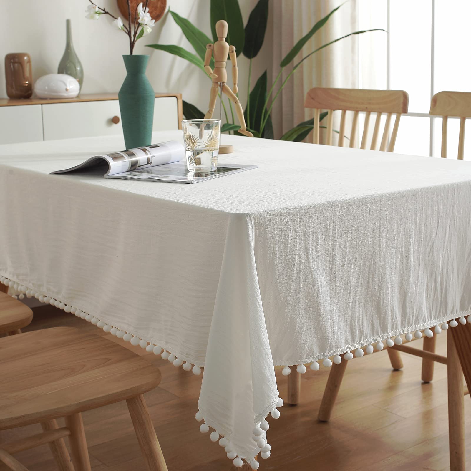 rismart Rechteck Tischdecke Tischtuch Pom Pom Couchtisch Decke Weiß,140 x 260 cm