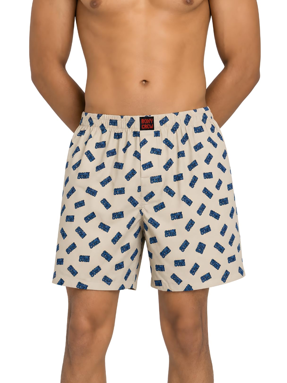 boxy crew Men's 100% Cotton Printed Boxer Shorts with Dual Side Pockets, Fabric-Covered Elastic Waistband and Classic Woven Fit for Lounging, Nightwear & Homewear - Beige, Style MBX019-picture-47