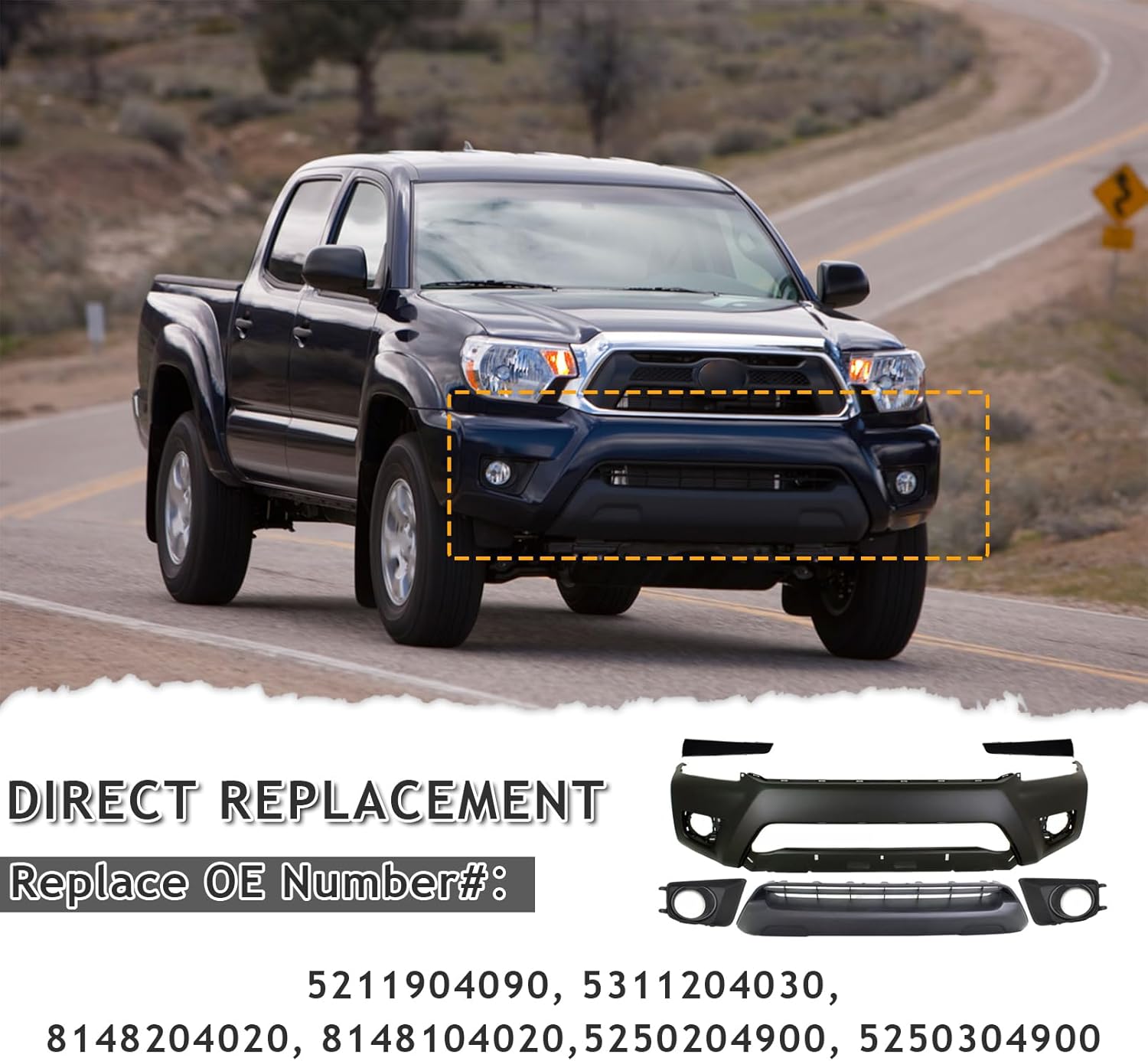 Front Bumper Assembly Fit For 2012-2015 Toyota Tacoma Front Body Kit Bumper With Lower Grille + Foglights Bezel Covers + Headlight Trim Strip Replacement
